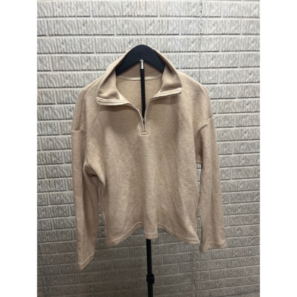 Unbranded Sweaters - Beige Waffle Knit Quarter Zip Pullover Sweater Relaxed Fit CAA04B4L007GM L